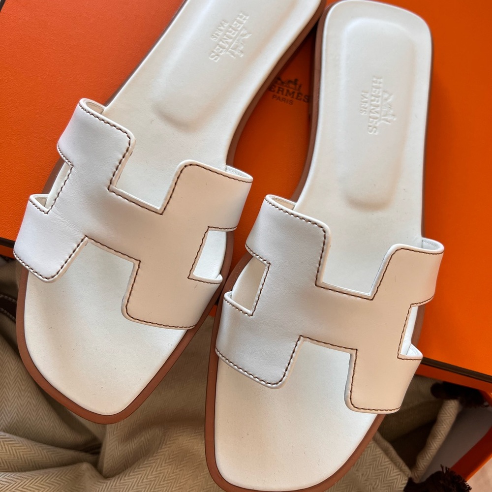Hermes White Oran sandals